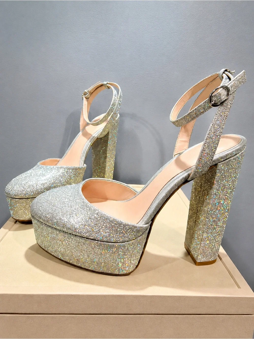 Antonio Melani x Born On Fifth Liv Silver Glitter Platform Block Heels 10